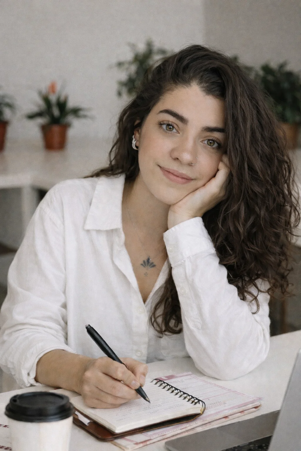 kira echenagucia sentada recostada de la mesa.webp